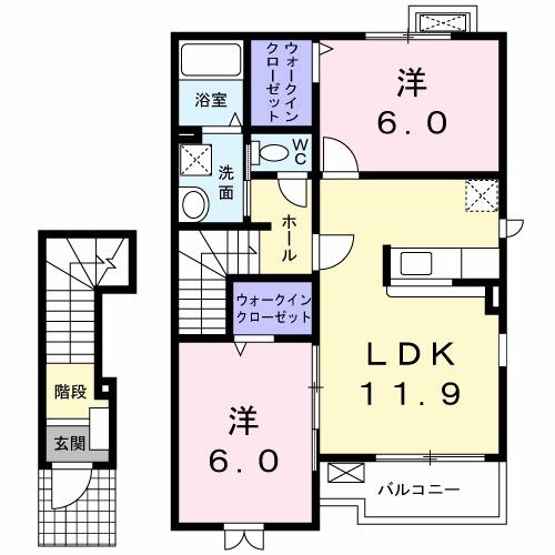 サンパティーク・パレスC(2LDK/2階)の間取り写真