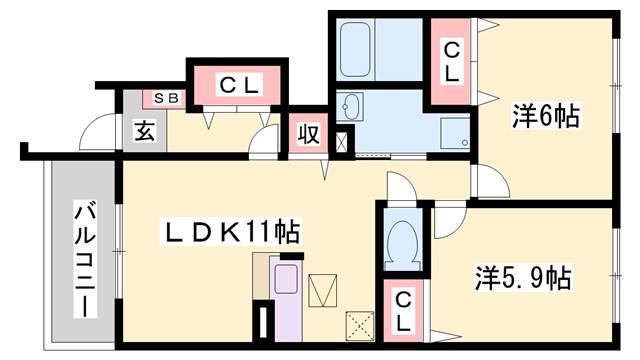 フェリア香呂 B棟(2LDK/1階)の間取り写真