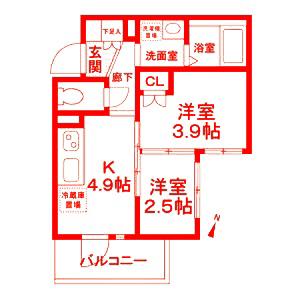 ウィステリア三ツ沢(2K/4階)の間取り写真