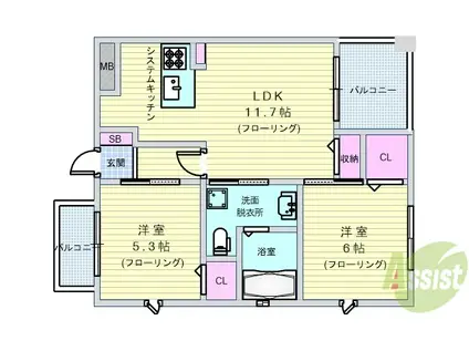 PHOENIX緑地公園(2LDK/6階)の間取り写真