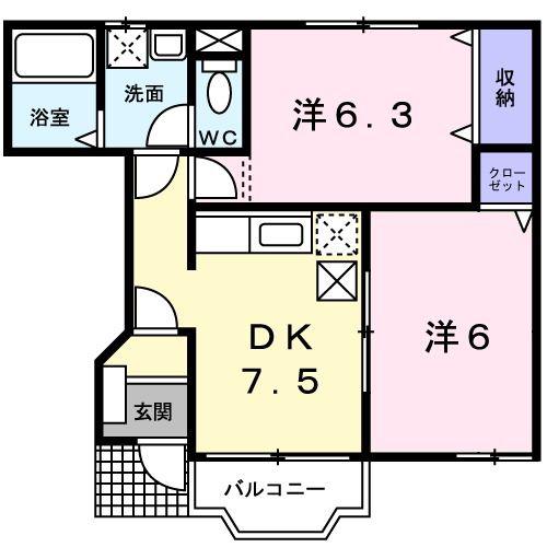 ヴィラエルティーノB棟(2DK/1階)の間取り写真