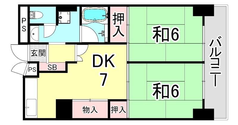 UR 武庫川12(2DK/7階)の間取り写真