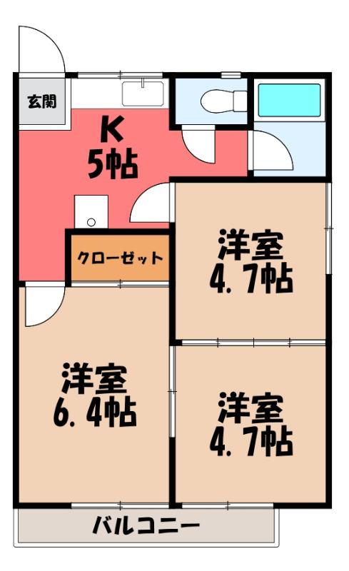 リブレス桐生堤町B(3K/2階)の間取り写真