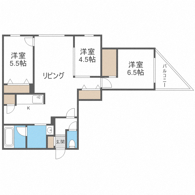 エフュート北19条(3LDK/5階)の間取り写真