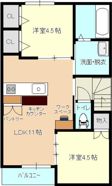 風とみどりのカシェット 華-HANA(2LDK/2階)の間取り写真
