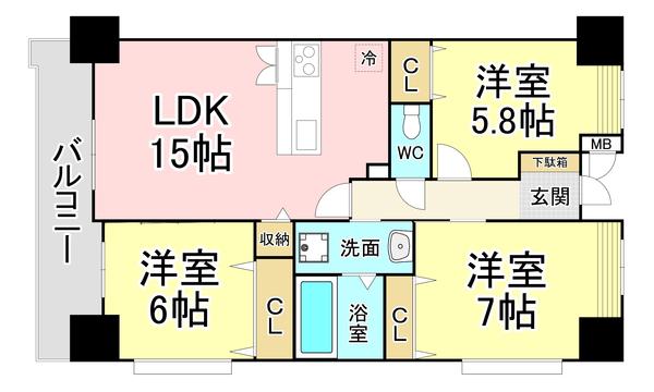 フォーストリングス 竪町(3LDK/7階)の間取り写真
