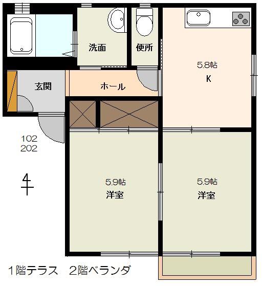 サンハイム青野(2K/1階)の間取り写真