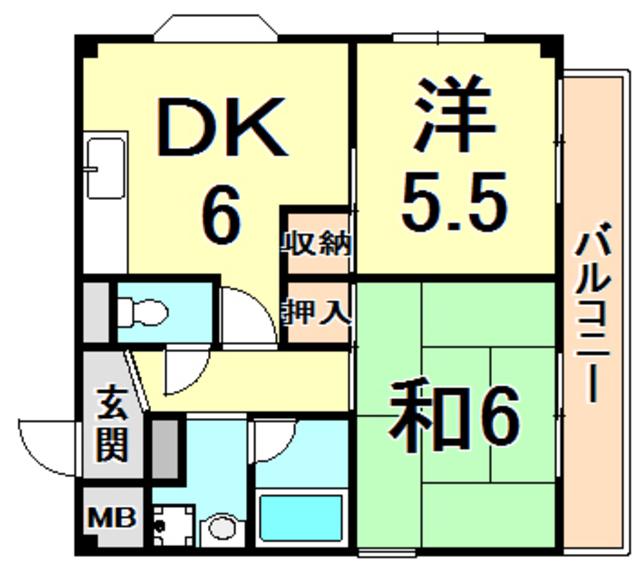 フェリエ甲子園(2DK/2階)の間取り写真