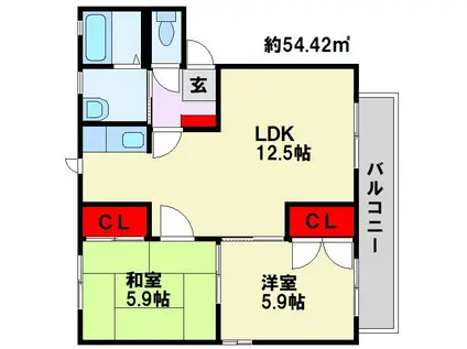 フィールドコート本城II A棟(2LDK/1階)の間取り写真