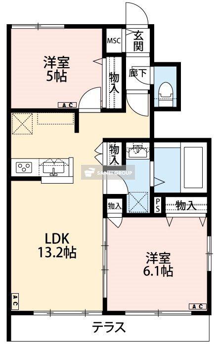 メゾンシュシュ(2LDK/1階)の間取り写真