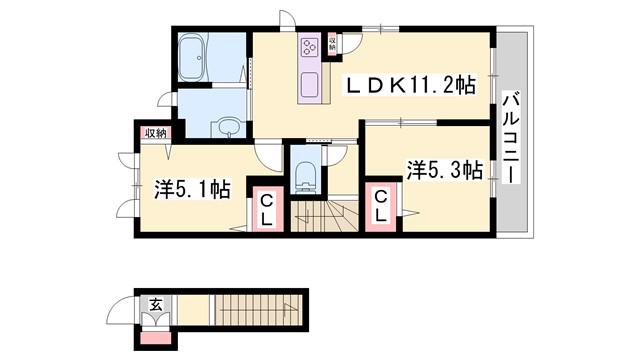 フェリシード桜丘 A棟(2LDK/2階)の間取り写真