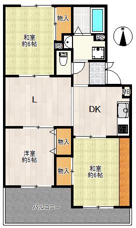 サニーハイツ高台B棟(3LDK/2階)の間取り写真