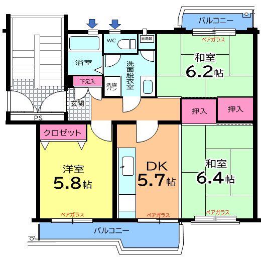堀込第44号棟(3DK/2階)の間取り写真