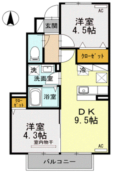 グリーンハイツ四王司(2DK/1階)の間取り写真