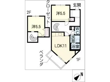 ヒルサイド竹の山(2LDK/2階)の間取り写真
