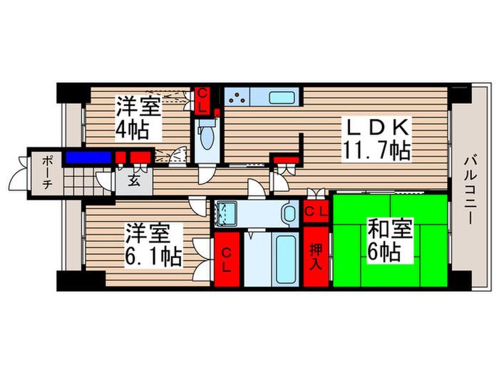 武蔵浦和パークホームズウエストコート(3LDK/4階)の間取り写真