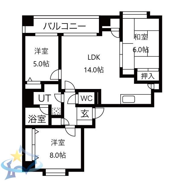 第2九条シャトー桂和(3LDK/7階)の間取り写真
