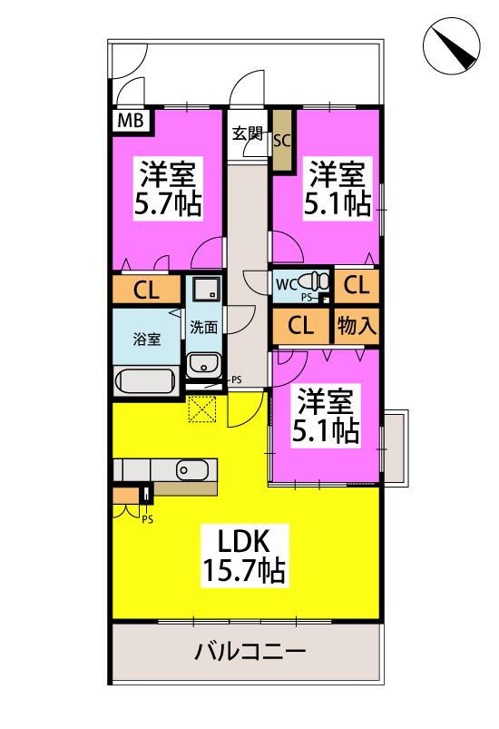 プレアL八幡馬場山I(3LDK/3階)の間取り写真