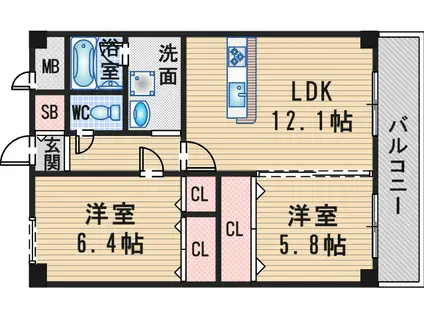 マロン・フォレスト豊中(2LDK/2階)の間取り写真