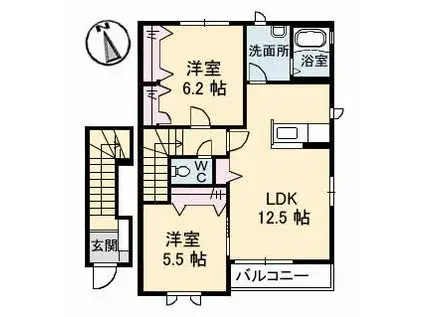 シャーメゾン丘B(2LDK/2階)の間取り写真