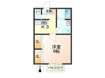 ヒーリングシティ東原(1K/2階)の間取り写真