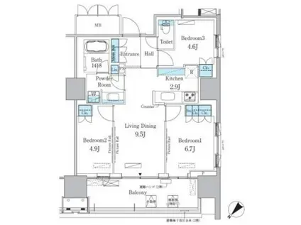 HARUMI FLAG PORT VILLAGE B棟(3LDK/9階)の間取り写真