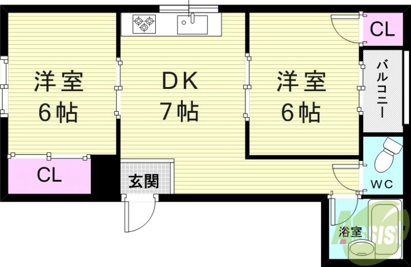 シャンクレール石橋(2DK/2階)の間取り写真
