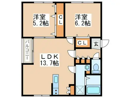 TARTE月寒中央(2LDK/1階)の間取り写真