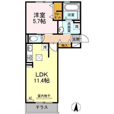 キャルル B棟(1LDK/1階)の間取り写真