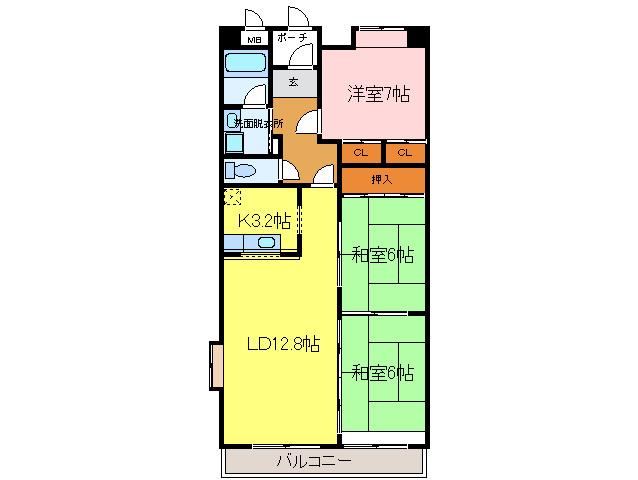 グリーンシャトー山下(3LDK/4階)の間取り写真