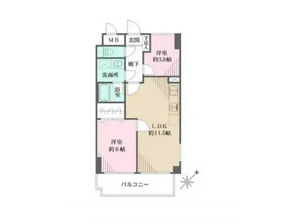 藤和シティホームズ新宿余丁町(2LDK/4階)の間取り写真