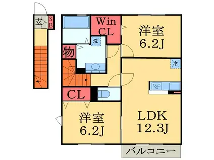 ロイヤルガーデン クワトロ I棟(2LDK/2階)の間取り写真