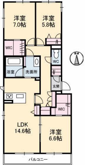 キヨール東原 B棟(3LDK/2階)の間取り写真