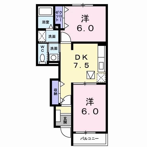 マルベリーパーク(2DK/1階)の間取り写真