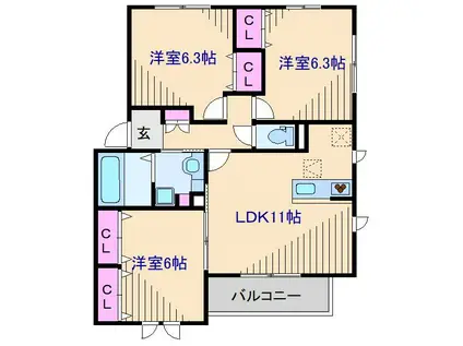 ヴューテラス寺尾の森B(3LDK/1階)の間取り写真