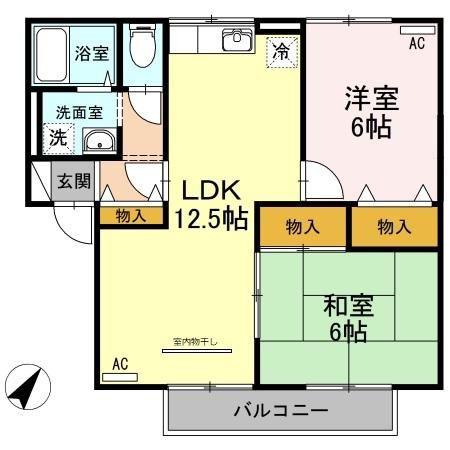 エスポワール三柳B棟(2LDK/1階)の間取り写真