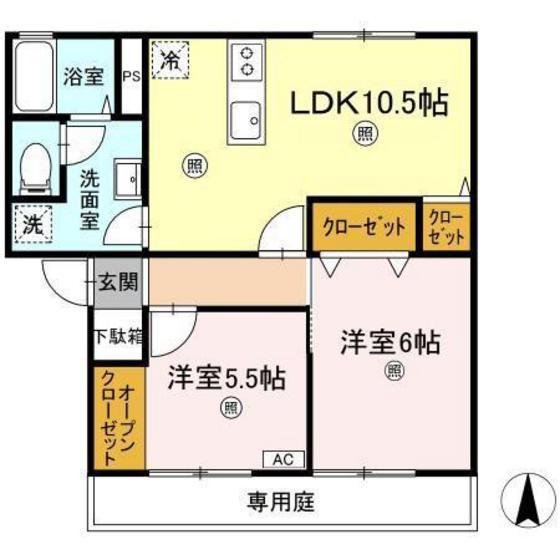 ミル・フルールC棟(3DK/1階)の間取り写真
