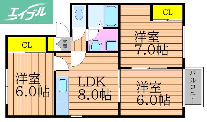 コーポ高木A棟(3DK/2階)の間取り写真