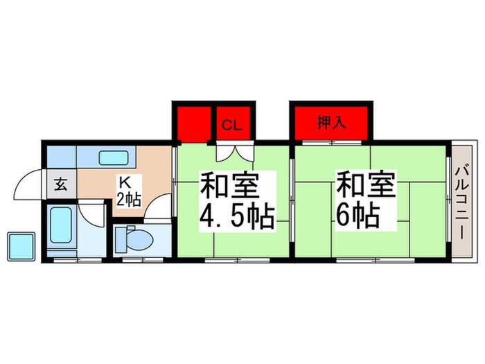 第2コーポ双葉(2K/2階)の間取り写真
