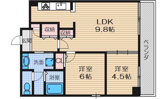 クオーレ茨木元町(2LDK/8階)の間取り写真