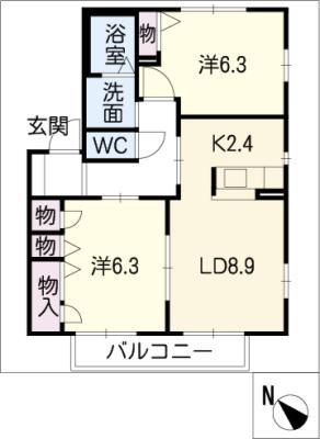 サニーウェル樹B棟(2LDK/1階)の間取り写真