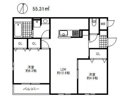 ブル・マリーノ衣掛(2LDK/3階)の間取り写真
