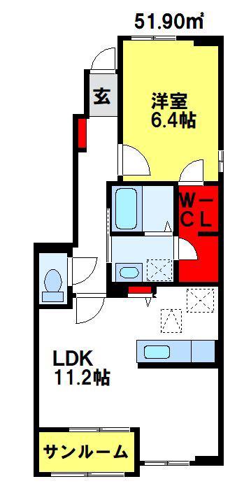 ハクモクレン C棟(1LDK/1階)の間取り写真
