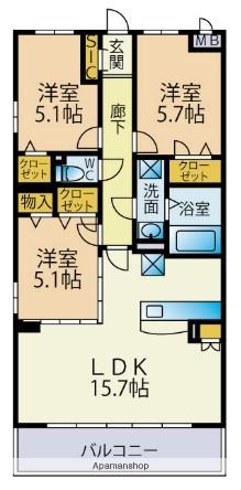 リバーガーデン次郎丸B棟(3LDK/1階)の間取り写真
