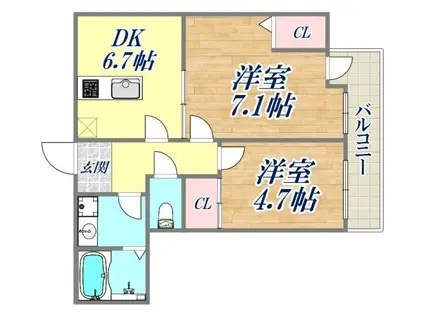 ウィステリア神戸湊川(2DK/4階)の間取り写真