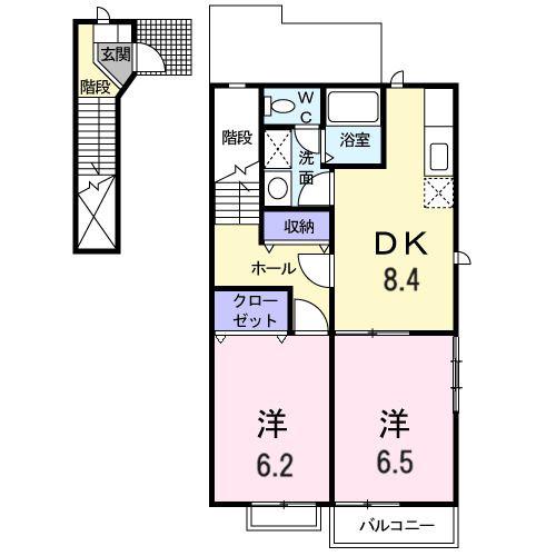 CASA・PATIO B棟(2DK/2階)の間取り写真