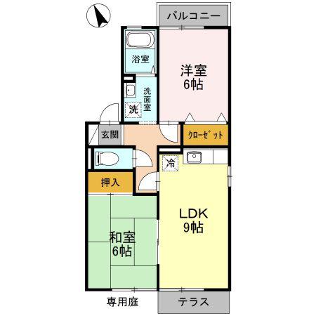 ボンジュール岡山手2番館(2LDK/1階)の間取り写真