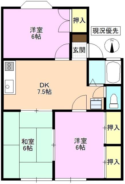 グリーンヒルミサワA棟(3DK/2階)の間取り写真