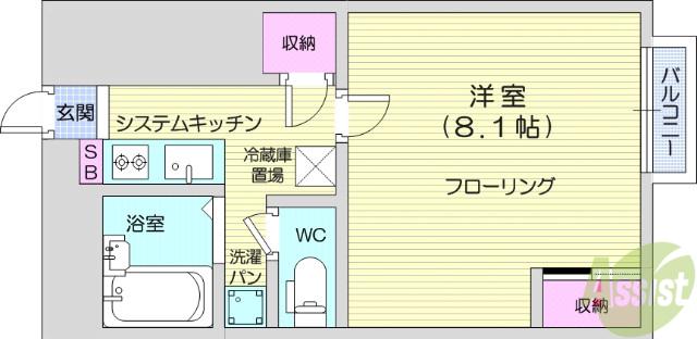グリーンヒル北仙台(1K/1階)の間取り写真