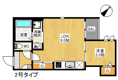 BRAND NEW DAY大橋(1LDK/2階)の間取り写真